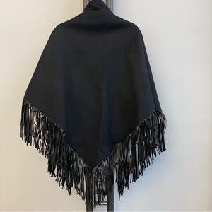 Mackage Black Wool and Lambskin Fringe wrap cape